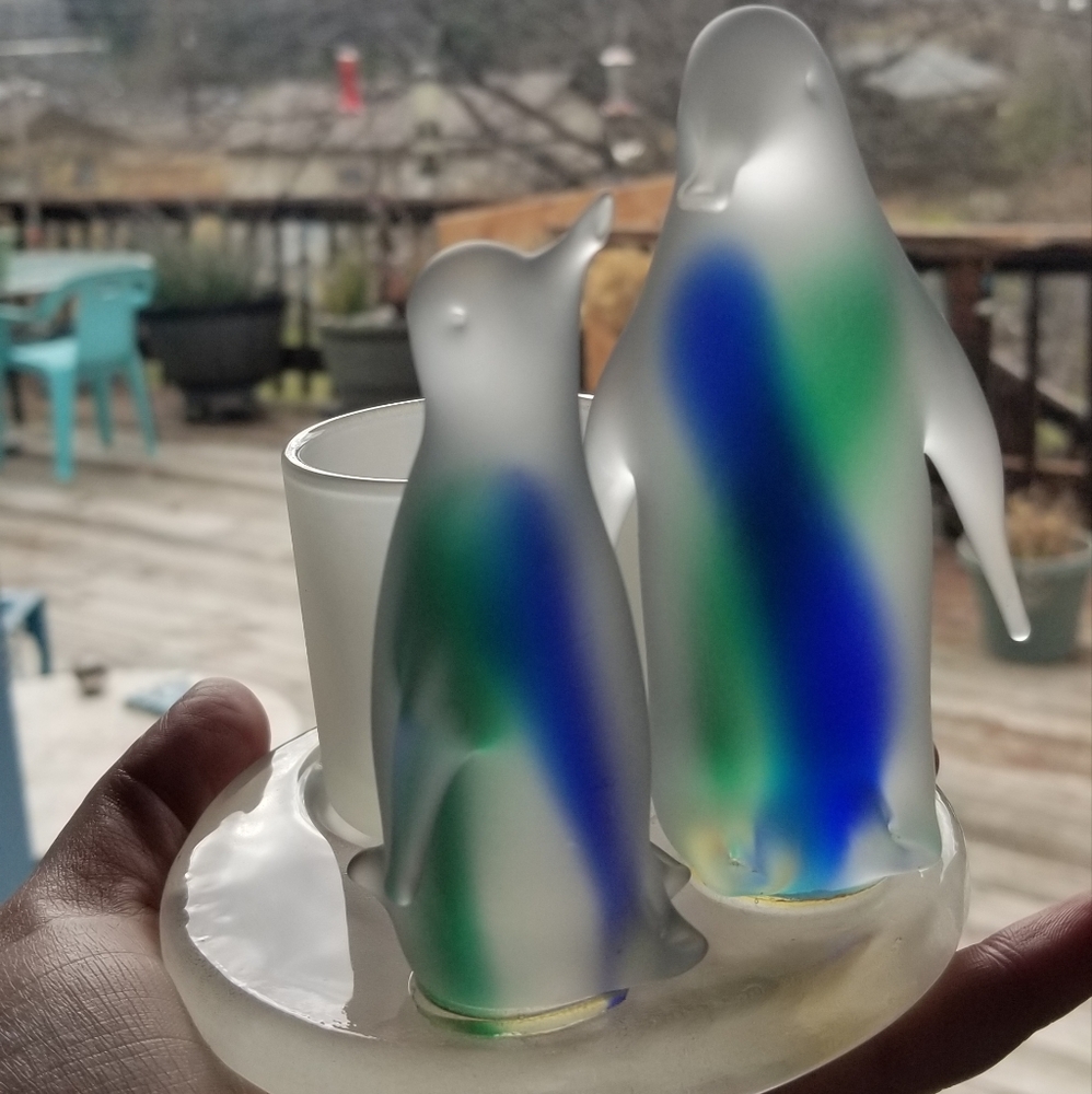 Vinta Partylite Penguin Candle Holder Frosted Glass Votive Holder 5” H 2” Candle